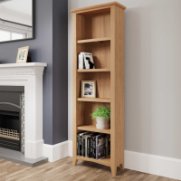Solid Light Oak Large Tall Narrow Slim Open Bookcase with 5 Shelves Tapered Legs