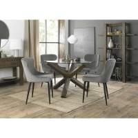 Turin Clear Glass Small Round Kitchen Dining Set 4 Cezanne Grey Velvet Fabric Chairs