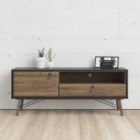 Retro Matt Black Walnut 1 Door 1 Drawer TV Media Unit With Black Handles 59.6x150.3cm
