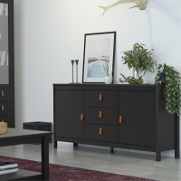 Retro Matt Black 2 Door And 3 Drawer Sideboard With Leather Tab Handles 79.7 x 151.2cm