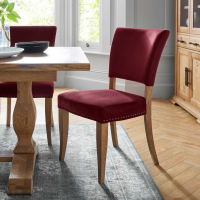 Red Velvet Fabric Rustic Oak Dining Chair with Stud Edge Detail
