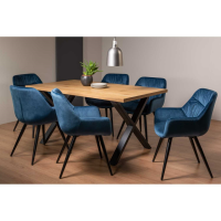 Rustic Oak Dining Table Set X Legs 6 Petrol Blue Velvet Fabric Chairs