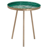 Aztec Brass Embossed Green Ceramic Dipped Round Unique Side Lamp Table on Golden Tripod 47cm Diameter