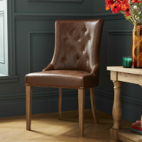 Traditional Tan Brown Leather Scoop Dining Chair Rustic Oak Legs
