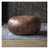 Modern Style Chestnut Brown Finish Ribbed Leather Upholstered Pouffe 40 x 80cm