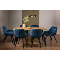 Modern Rustic Oak 160cm Dining Table Set 6 Blue Velvet Fabric Dining Chairs