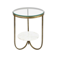 Nolita White Marble And Antique Gold Iron Side Lamp End Table Glass Top 50.5cm Diameter