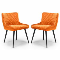 Pair of Modern Tub Dining Chairs Burnt Orange Quilted Fabric Black Metal Legs