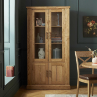 Rustic Oak Glazed Display Cabinet with Cupboard Base 200cm Tall
