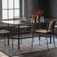 Curved Edge Black Marble Top and Acacia Wood 180cm Kitchen Dining Table on Steel Base