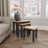 Dark Grey Painted Nest Of 3 Side Tables Light Oak Tops Tapered Legs