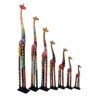 Set Of 7 Gorgeous Multi Colour Bohemian Style Carved Giraffes With Black Wooden Base