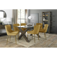 Turin Glass 6 Seater Dining Set Dark Oak Legs with 6 Cezanne Mustard Velvet Fabric Chairs