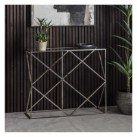 Parma Tempered Glass and Antique Silver Metal Hallway Console Table Geometric Base 90cm