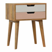 Scandi Natural Wood Bedside Table Cabinet Nightstand with 2 Pink and White Drawer