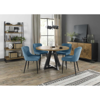 Rustic Oak Round Dining Table Set with 4 Petrol Blue Velvet Dining Chairs
