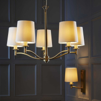Modern Fabric and Steel 5 Pendant Dimmable Light in Brass Finish 40cm Diameter