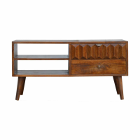 Nordic Style Solid Mango Wood 2 Drawer 2 Slot Media Unit With Carved Front 47 x 90cm
