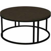 Industrial Chevron Weathered Ash Round Coffee Sofa Table Marquetry Top Black Metal Base