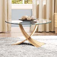 Siena Round Glass Top and Oak Carved X Legs Coffee Table Oak in Natural 80cm Diameter