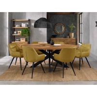 Ellipse Rustic Oak 6 Seater Dining Table And 6 Dali Mustard Velvet Fabric Chairs with Sand Black Powder Coated Legs