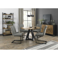 Indus Rustic Oak Small 125cm Round Dining Set 4 Light Grey Fabric Cantilever Chairs