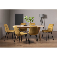 Modern Scandi Oak Oval Dining Table Set with 6 Mustard Yellow Velvet Fabric Chairs 175cm