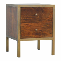 Nordic Style Solid Mango Wood Iron Frame Gold Finish 2 Drawer Bedside Cabinet 52 x 40cm
