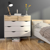 Retro White and Oak Scandinavian 5 Drawer Bedroom Chest With No Handles 100.9 x 98.7cm
