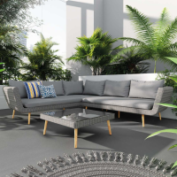 Modern Grey Rattan Garden Outdoor Corner Sofa Set with Coffee Table Footstool