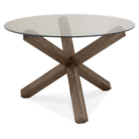Modern 3 Tri X Leg Dark Oak Wood Round Glass Top Dining Table 120cm Diameter