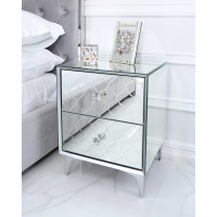 Silver Etched Mirrored Glass 2 Drawer Bedside Cabinet Chest Crystal Knob Handles