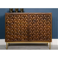 Dark Walnut Mango Wood Sideboard Cabinet 2 Doors Gold Metal Feet Base