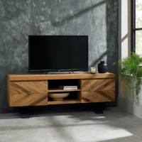 Rustic Oak Large TV Media Entertainment Unit Chevron Pattern Metal Legs