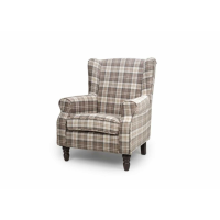 Fabric Winged Back Armchair Beige Cream and Brown Tartan Fabric Upholstery