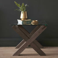 Modern Dark Oak Wood 60cm Square Glass Top Lamp Side Table with Cross Legs