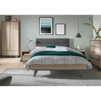 Modern 4ft 6 Double Bed Oak Frame and Dark Grey Fabric Upholstered Headboard