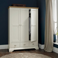 Hampstead Pale Oak Wood Soft Grey Painted 3 Drawer 4 Shelf Triple Wardrobe 195 x 137cm