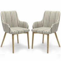 Pair of Striped Duck Egg Blue Fabric Dining Chairs with Arm Rests Light Wood Legs