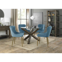 Turin Clear Glass 4 Seater Round Dining Set 4 Cezanne Petrol Blue Velvet Fabric Chairs