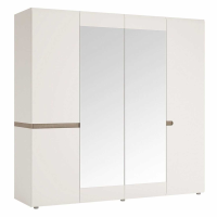 Modern Oak and White Gloss Mirror Finished 4 Door Quadruple Bedroom Wardrobe 209x218.5cm