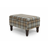 Vintage Dove Grey Checked Tartan Fabric Upholstered Small Storage Footstool on Dark Wood Legs 65x50x42cm
