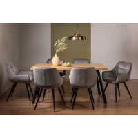 Ramsay Oak 6 Seater Rectangular Dining Table And Dali 6 Grey Velvet Chairs Dining Set