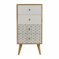 Nordic Style Solid Wood 4 Drawer Tallboy With 2 Geometric Screen Printed Fronts 90 x 45cm