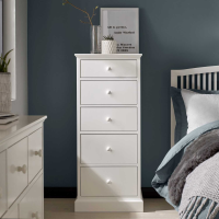 Ashby Modern Style White Painted Finish 5 Drawer Tall Bedroom Chest 124 x 53cm
