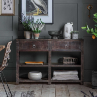 Rustic Dark Mango Wood Large 2 Drawer Hallway Console Table with Open Shelves