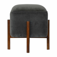 Grey Velvet Footstool With Solid Wood Legs