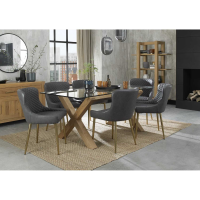 Modern Clear Glass Top Dining Table Set Light Oak X Legs Frame 6 Dark Grey Faux Leather Chairs