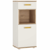 Kids Modern Oak and White High Gloss 1 Door 1 Drawer Narrow Cabinet Cupboard Orange Handles