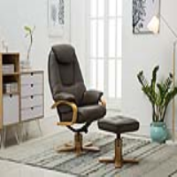 Modern Comfy Swivel Recliner Armchair Footstool Set Brown Plush PU Light Beech Base